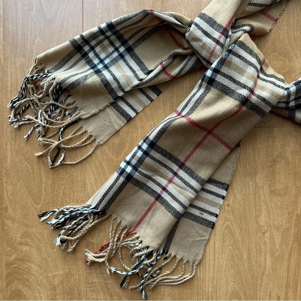 Classic Narrow Check Scarf, Fringe Edged Scarf, Beige/Black/Red